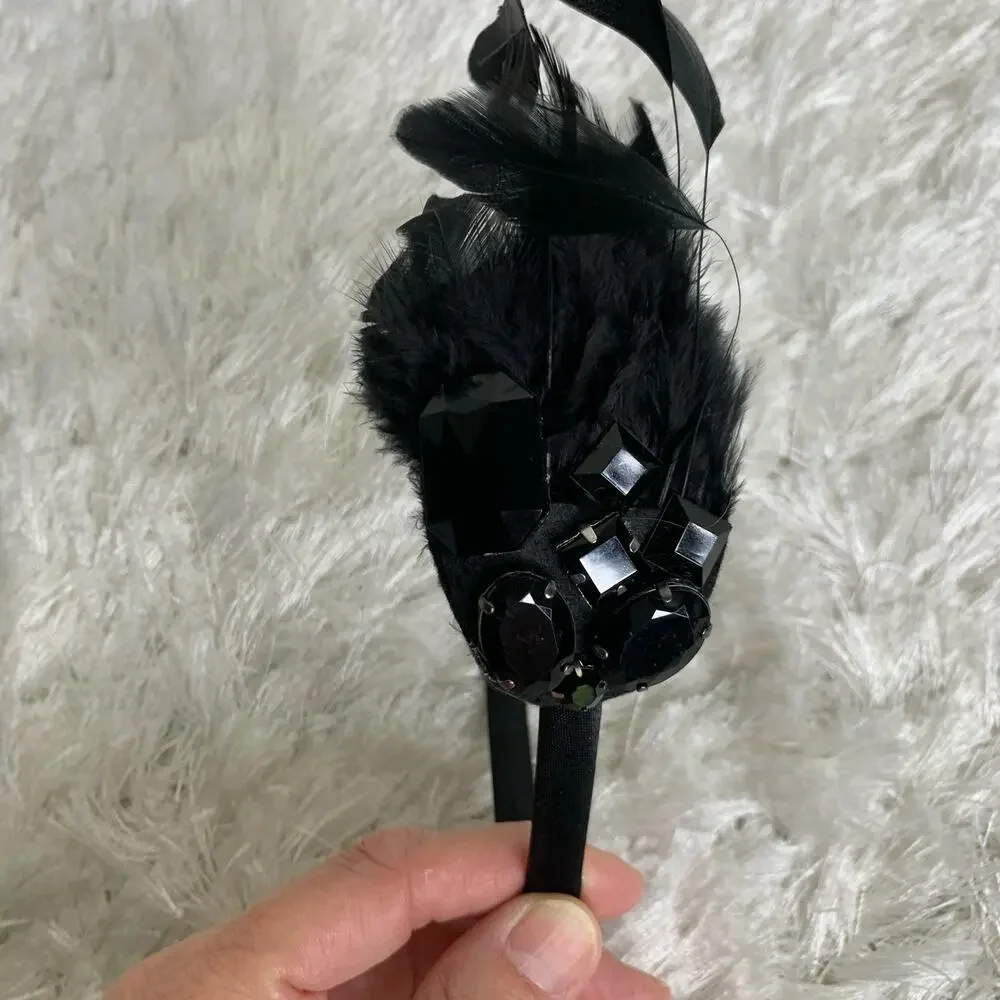 Black Feather Rhinestone Jewel Headband Costume Dance Halloween